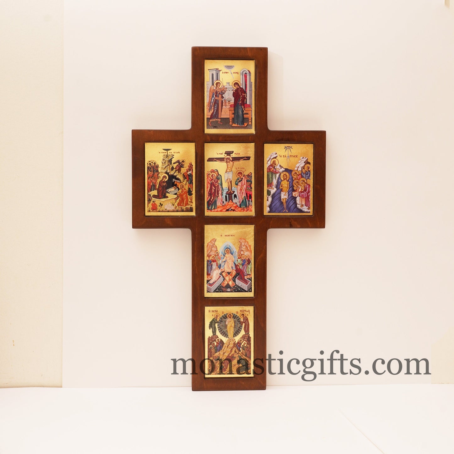 The Life of Jesus Big cross decorated with high quality iconographic silkscreens with hagiographic gold depicting, on Cross carved wood
