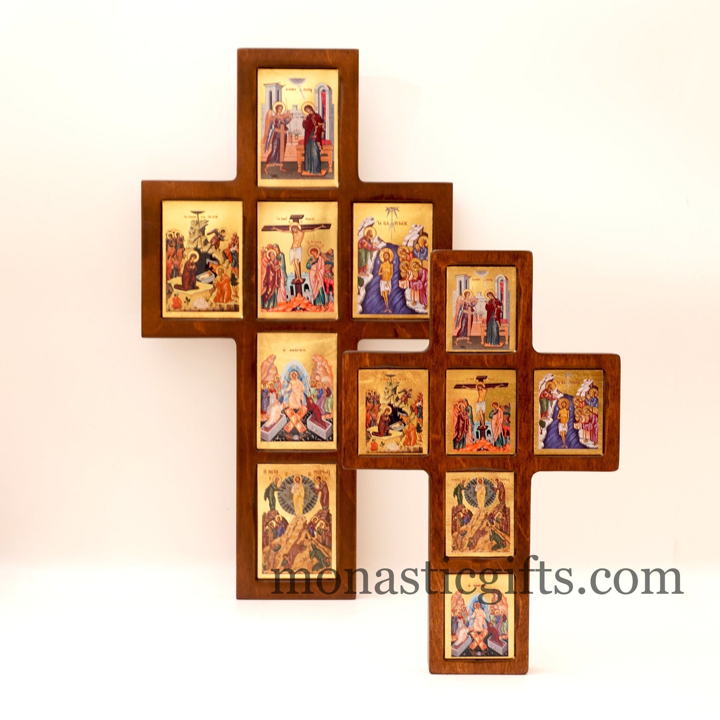 The Life of Jesus Big cross decorated with high quality iconographic silkscreens with hagiographic gold depicting, on Cross carved wood