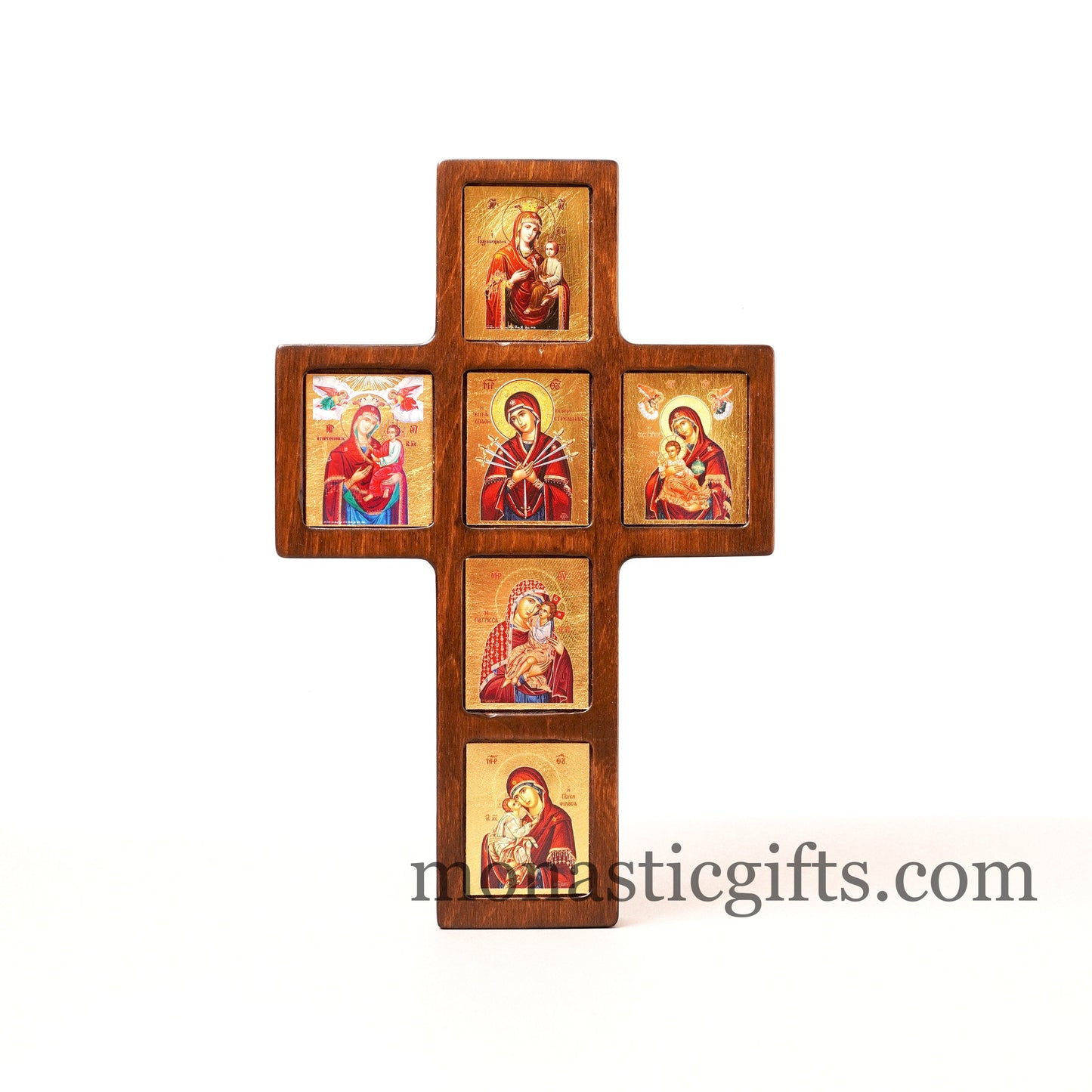 Virgin Mary, in Cross Wooden multi-thematic 6 seat icon decorated with high-quality iconographic silk screens with hagiographic gold.