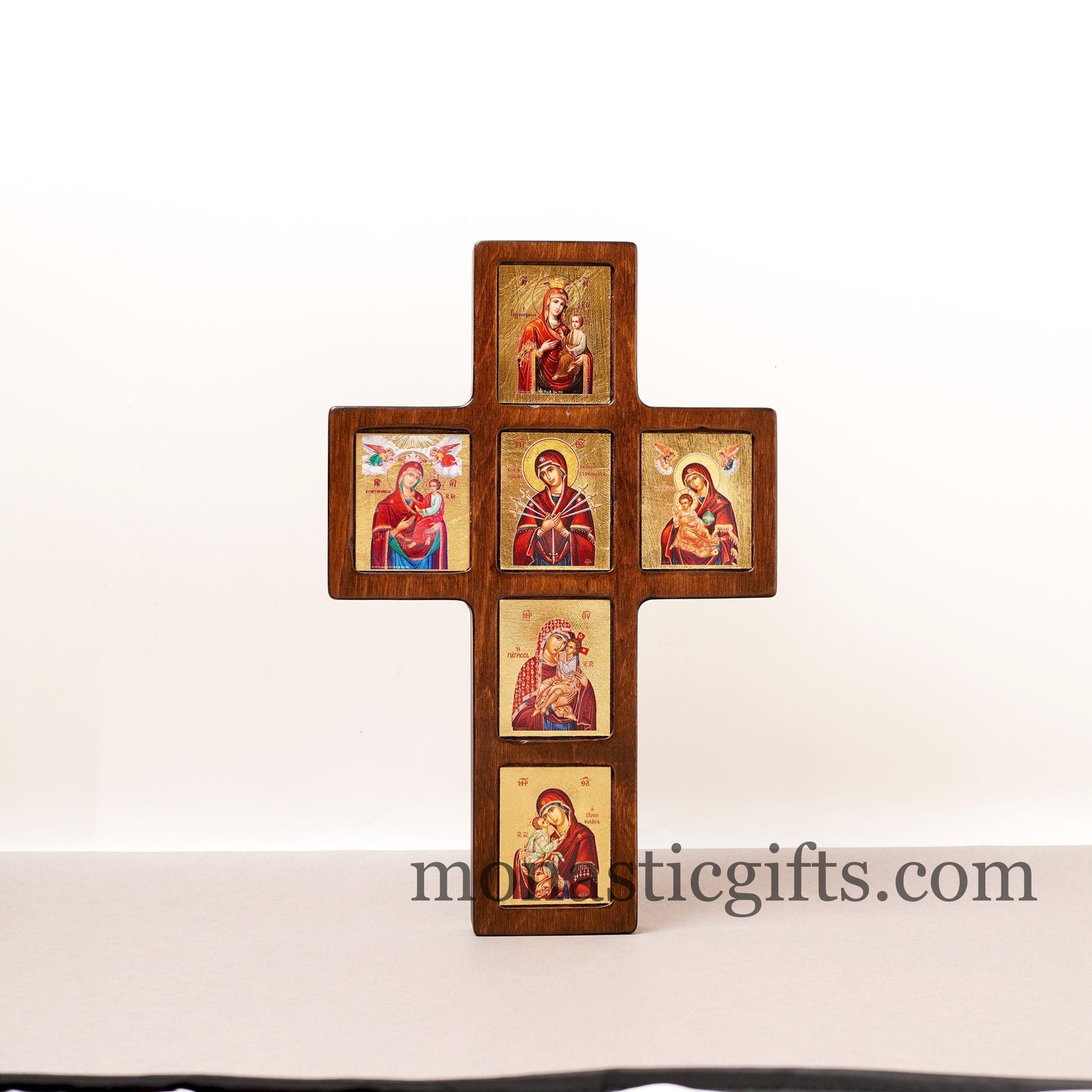 Virgin Mary, in Cross Wooden multi-thematic 6 seat icon decorated with high-quality iconographic silk screens with hagiographic gold.