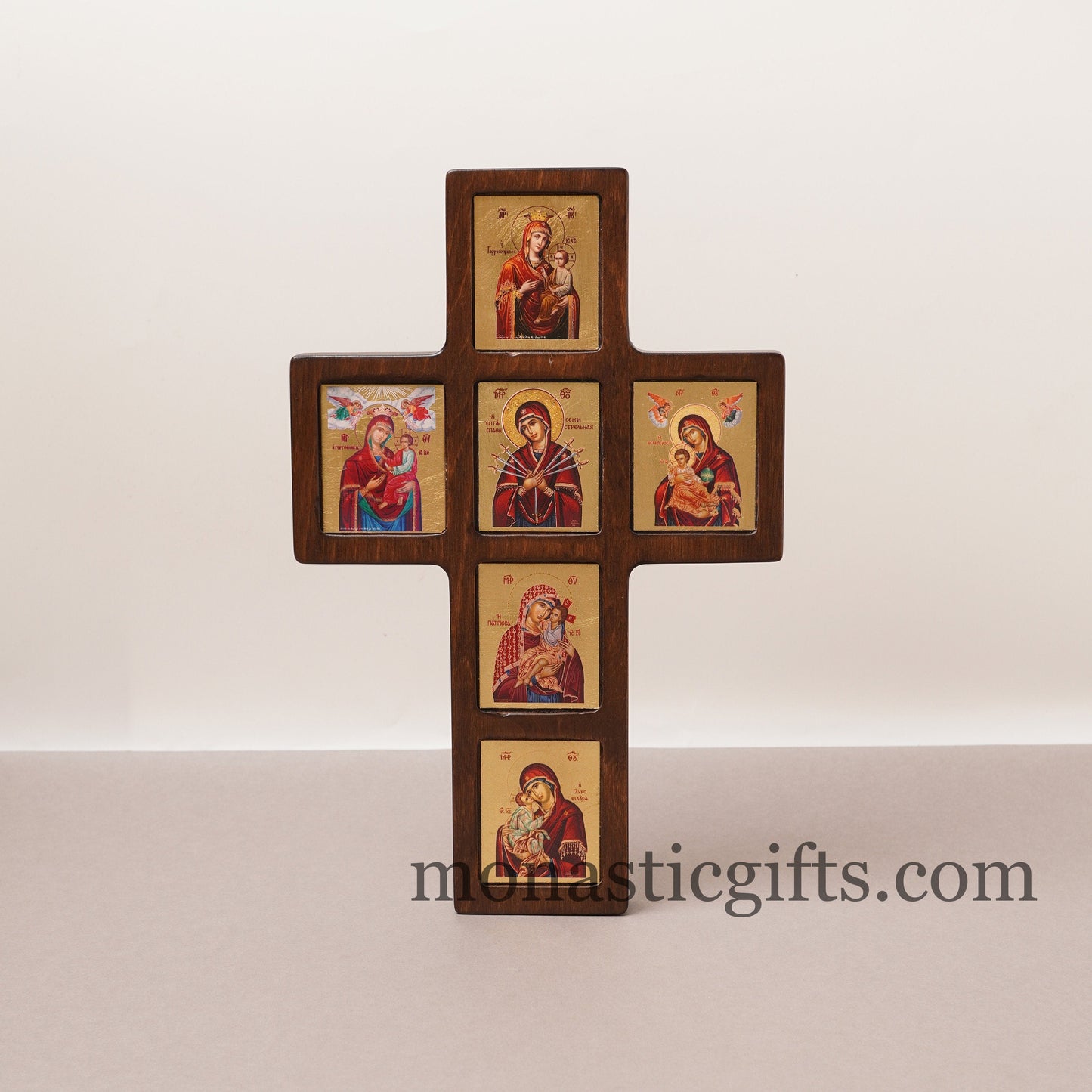Virgin Mary, in Cross Wooden multi-thematic 6 seat icon decorated with high-quality iconographic silk screens with hagiographic gold.