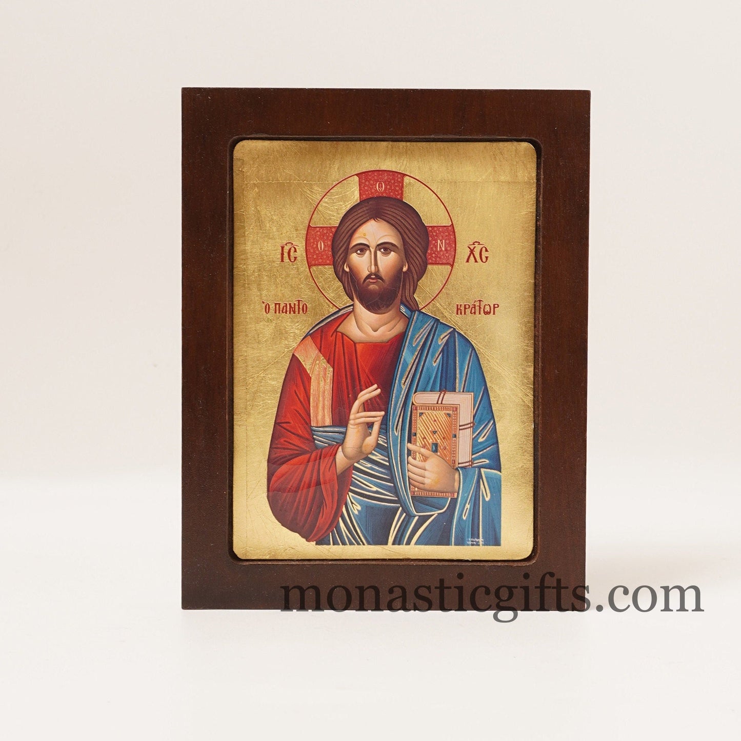 Jesus Christ Pantocrator, Silk-screen printed Serigraph Icon Based on Byzantine Art wall hanging icon on carved wood with stand