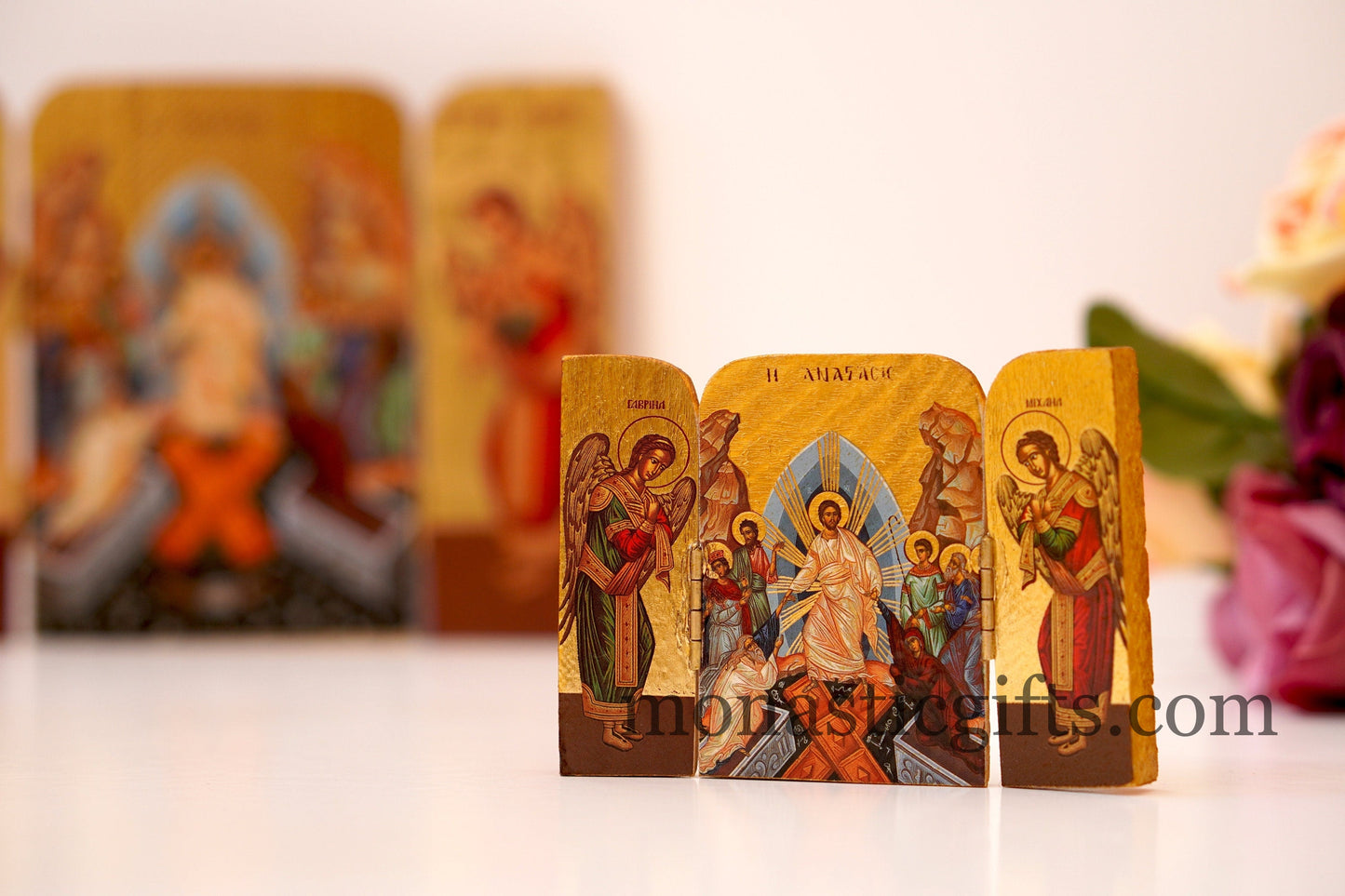 Triptych small wooden Icon with the Resurrection of Jesus Christ and Archangels, Greek Orthodox Icon , Home Decor,Orthodox Gift