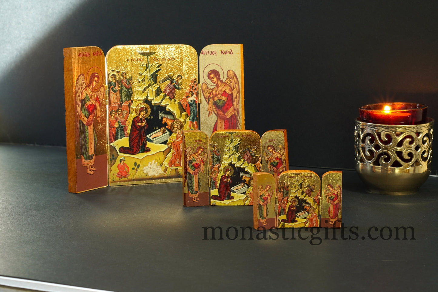 Triptych small wooden Icon with the Birth of Jesus Christ and Archangels, Greek Orthodox Icon , Home Decor,Orthodox Gift