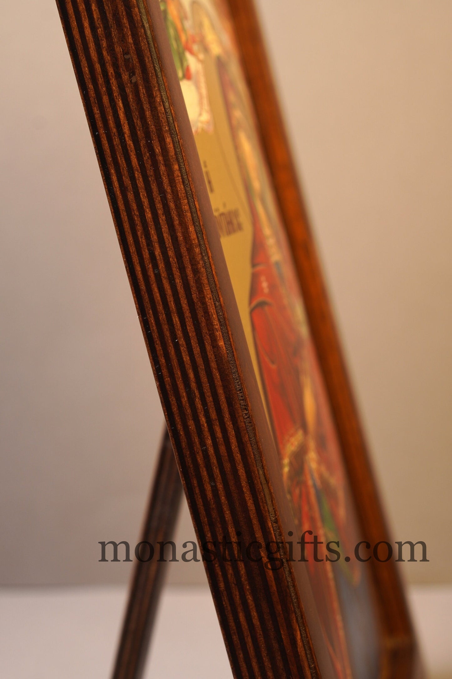 Our Lady Theotokos Gorgoipikoos , Silk Print Screen Serigraph Icon Based on Byzantine Art wall hanging icon on carved wood with stand