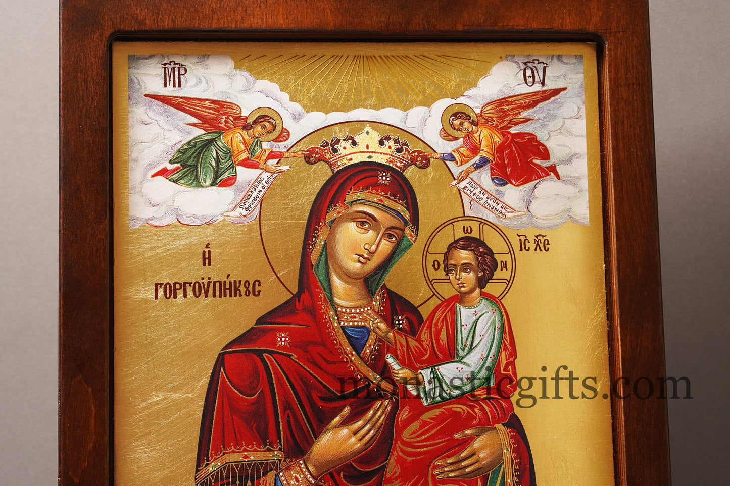 Our Lady Theotokos Gorgoipikoos , Silk Print Screen Serigraph Icon Based on Byzantine Art wall hanging icon on carved wood with stand