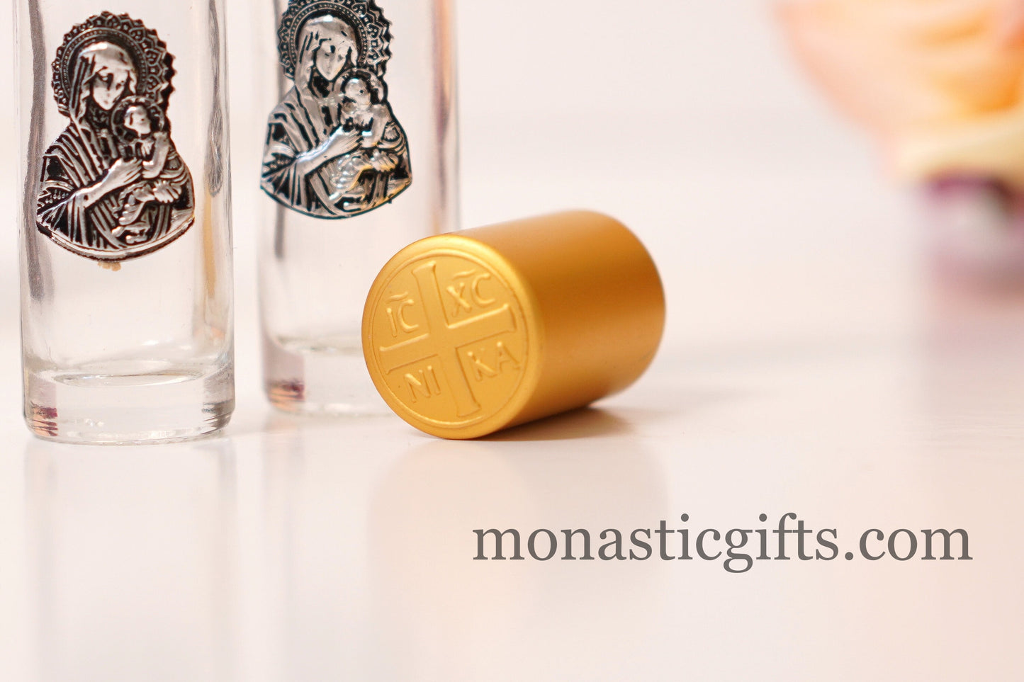Holy Water Glass Bottle 2pcs With roll on , metal Theotokos Icon and screw cap with cross Orthodox Gift