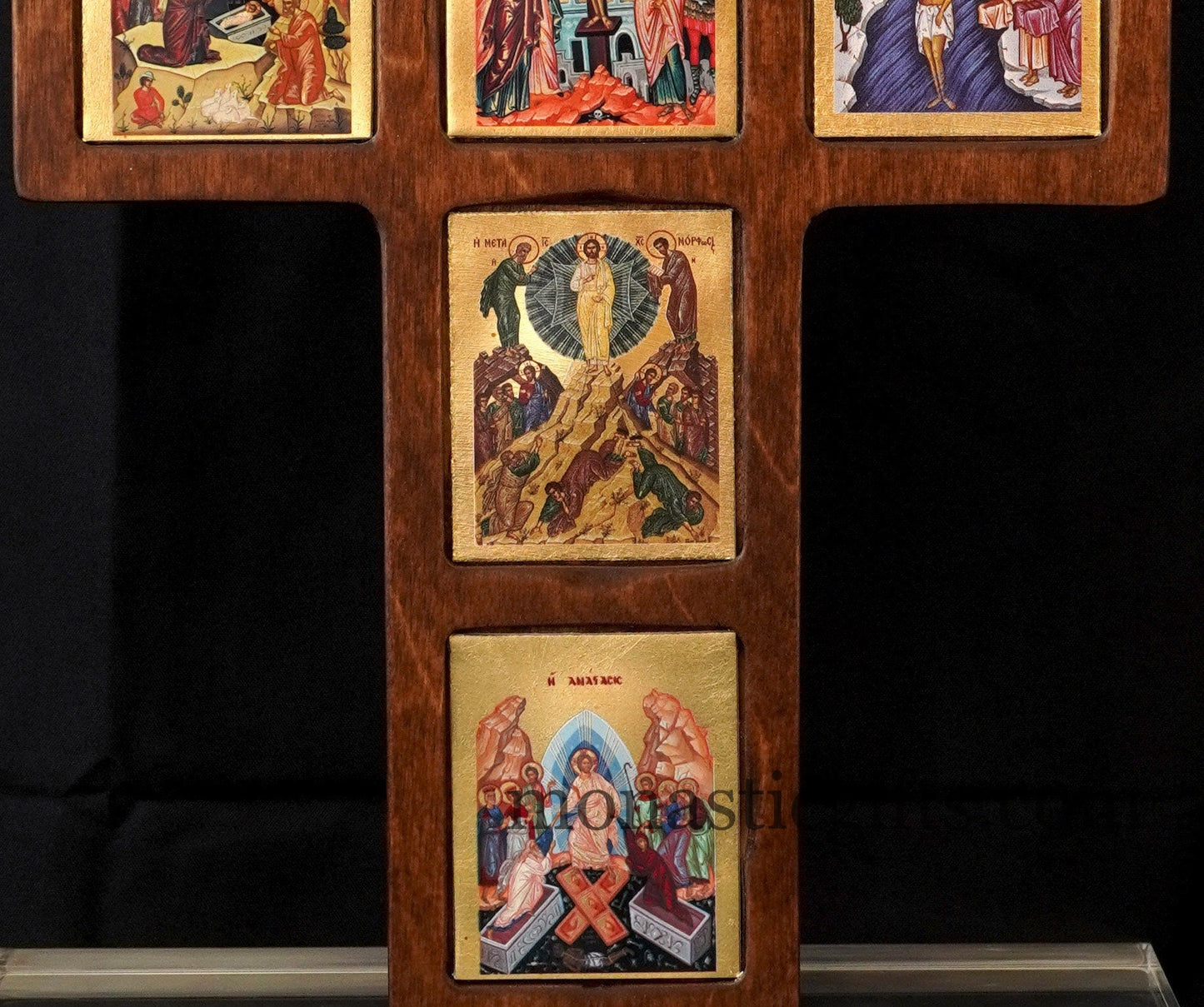 The Life of Jesus cross decorated with high quality iconographic silkscreens with hagiographic gold depicting, on Cross carved wood