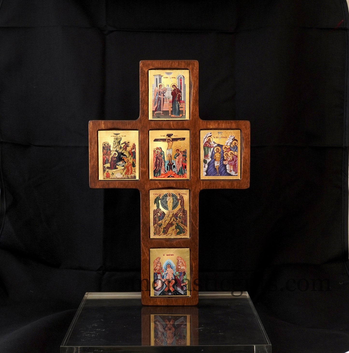 The Life of Jesus cross decorated with high quality iconographic silkscreens with hagiographic gold depicting, on Cross carved wood