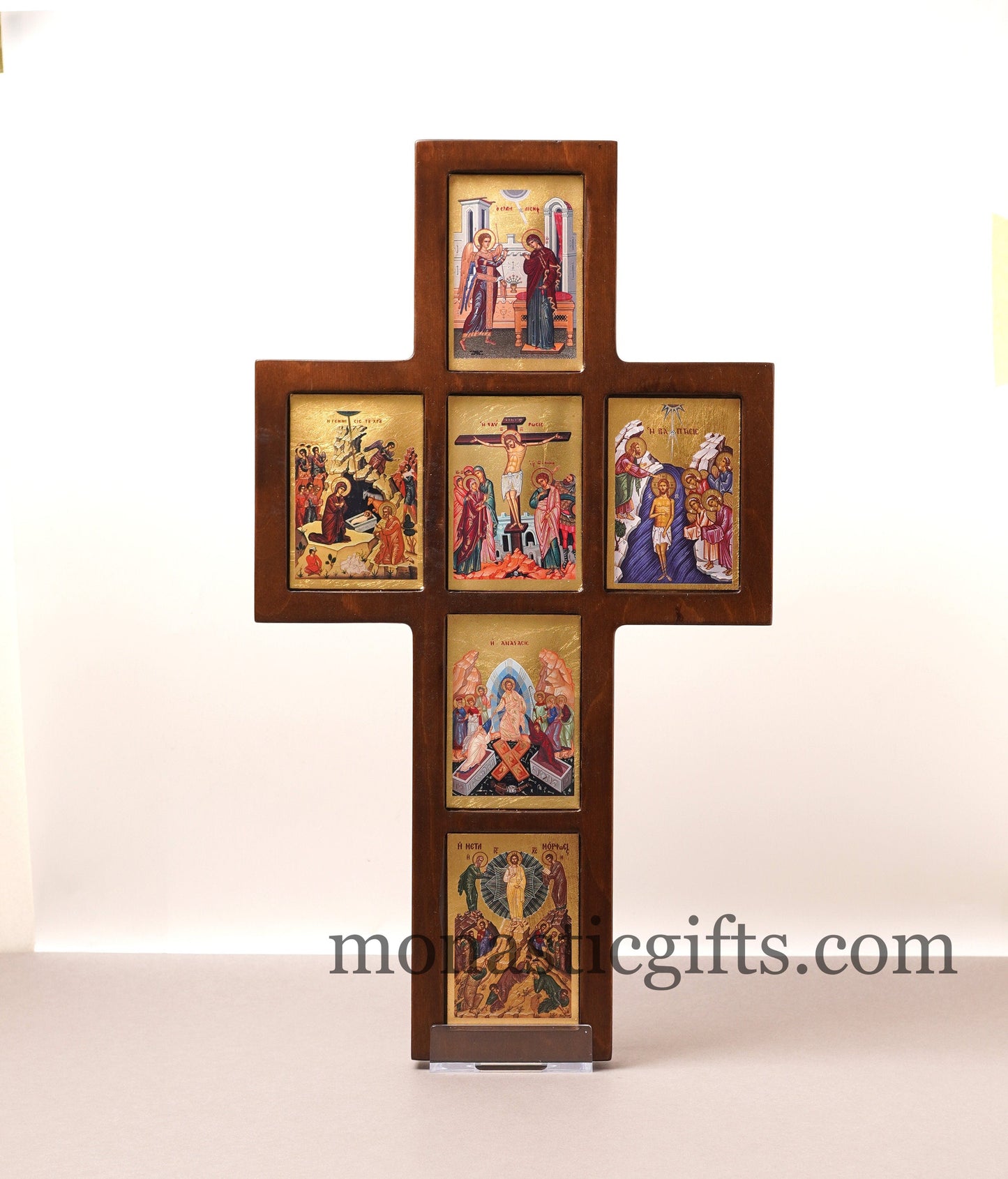 The Life of Jesus Big cross decorated with high quality iconographic silkscreens with hagiographic gold depicting, on Cross carved wood
