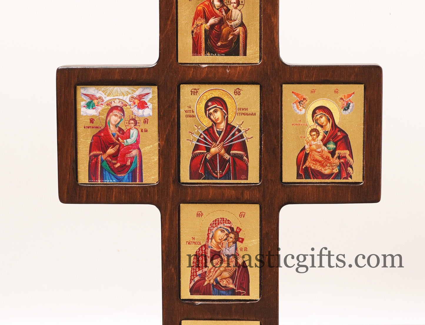 Virgin Mary, in Cross Wooden multi-thematic 6 seat icon decorated with high-quality iconographic silk screens with hagiographic gold.