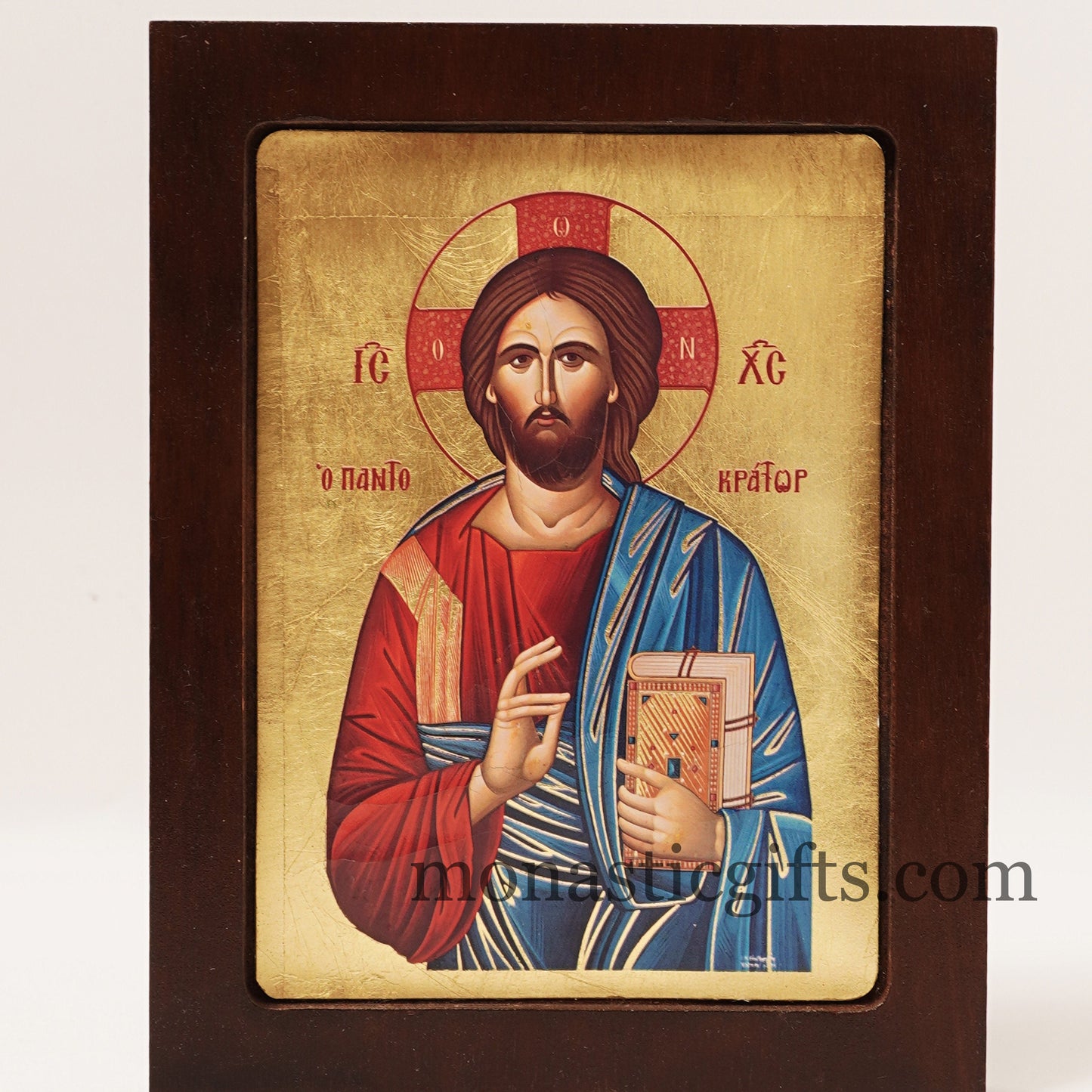 Jesus Christ Pantocrator, Silk-screen printed Serigraph Icon Based on Byzantine Art wall hanging icon on carved wood with stand