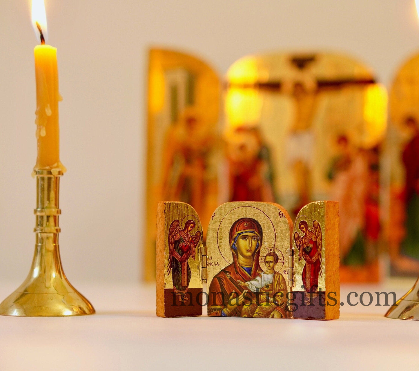 Triptych small wooden Icon with the Holy Theotokos Soumela and Archangels, Greek Orthodox Icon , Home Decor,Orthodox Gift