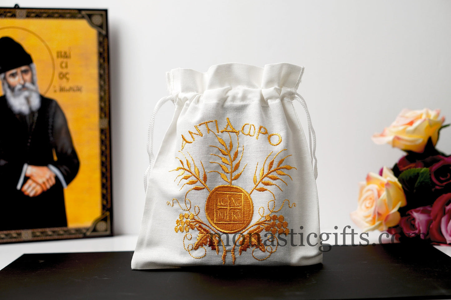 Embroidered Cotton Cloth Pouch for Prosphora, bread pouch , decorated with orthodox ICXC Embroideries. Orthodox CommunionAntidoron.