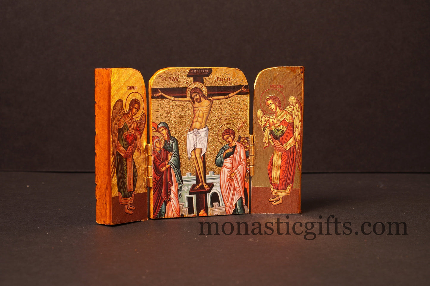 Crucifixion of Jesus Christ & Archangels Triptych Icon with Hand-Applied Gold Leaf — Handmade Byzantine Art on Wood (Multiple Sizes)