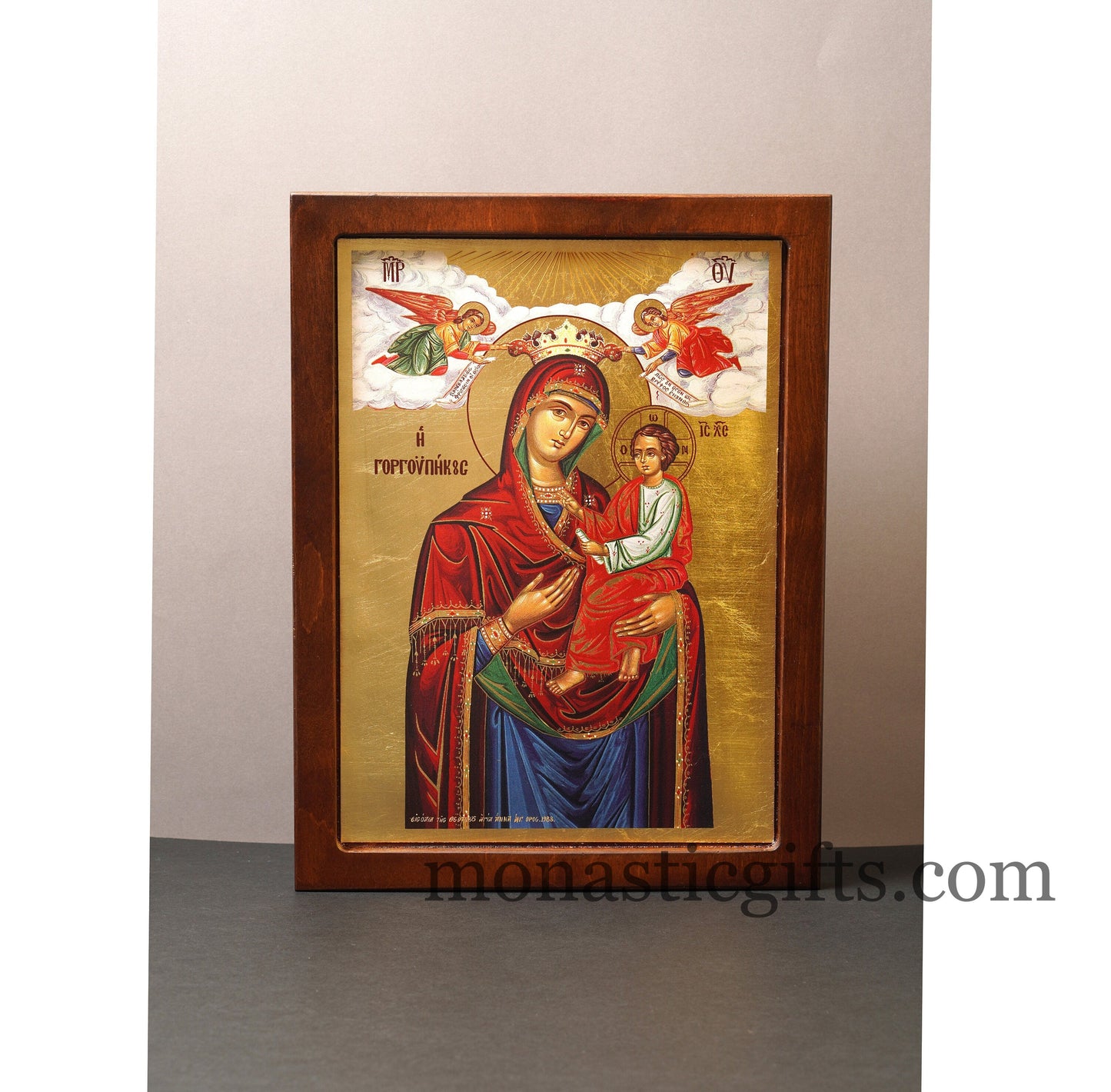 Our Lady Theotokos Gorgoipikoos , Silk Print Screen Serigraph Icon Based on Byzantine Art wall hanging icon on carved wood with stand