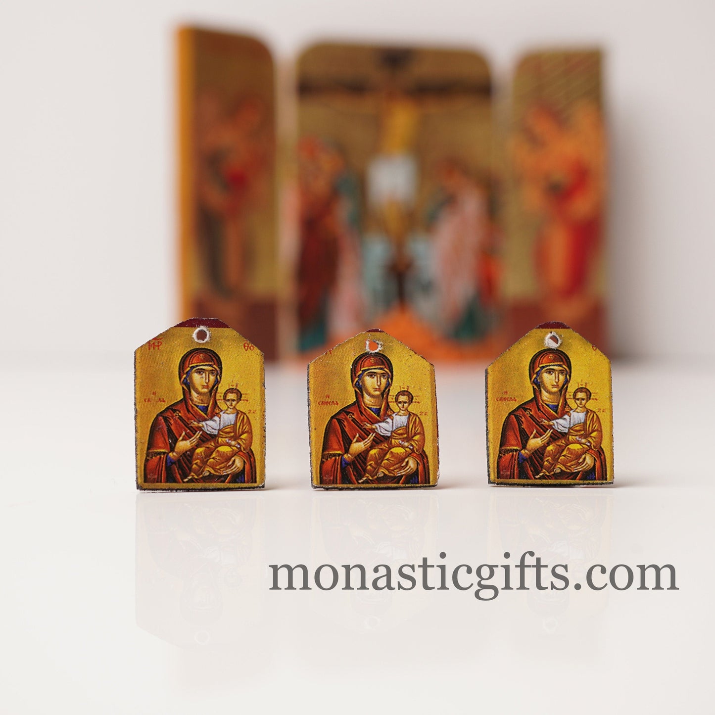 Tiny icons Virgin Mary 3pcs - Wood Byzantine Christian Tiny Orthodox Icon amazing idea to make orthodox Christians gifts