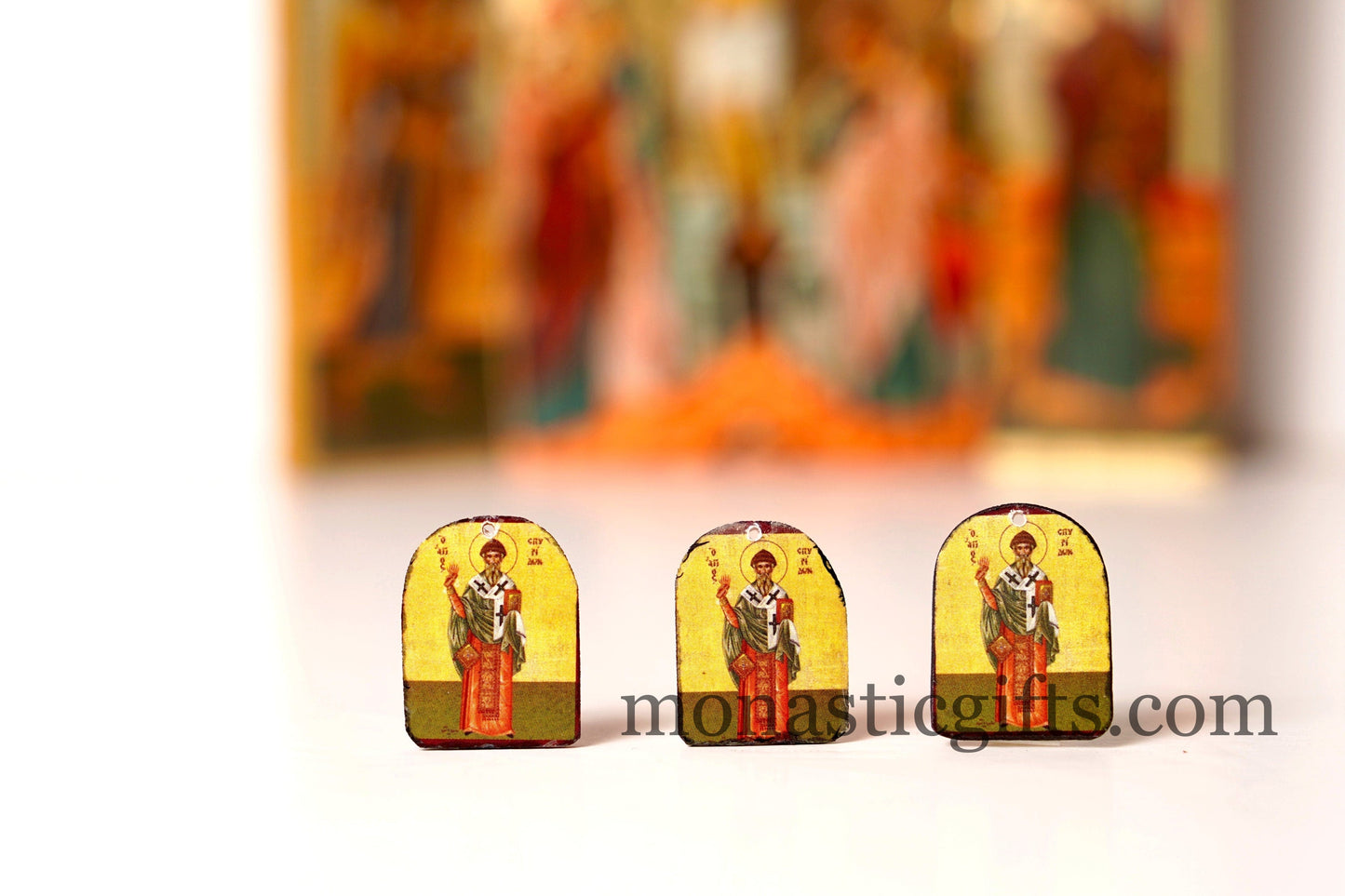 Tiny icon Saint Spyridon Σπυρίδον , 3pcs - Wood Byzantine Christian Tiny Orthodox Icon amazing idea to make orthodox gifts
