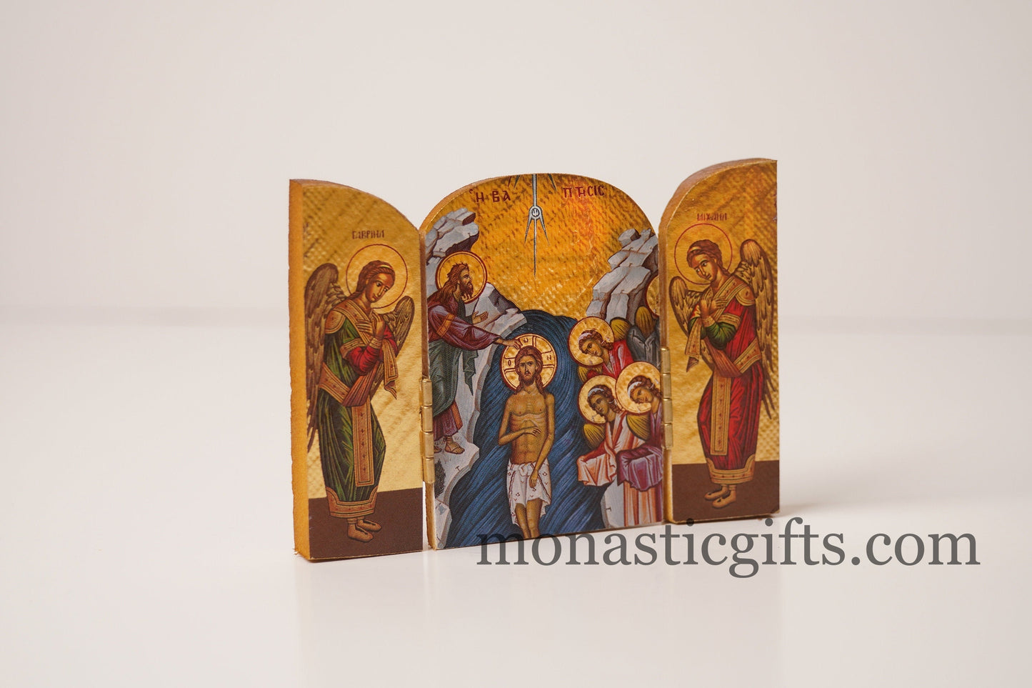 Small Triptych wooden Icon with Baptism of Jesus Christ by St John the Baptist and and the Holy Theotokos , Greek Orthodox Icon.
