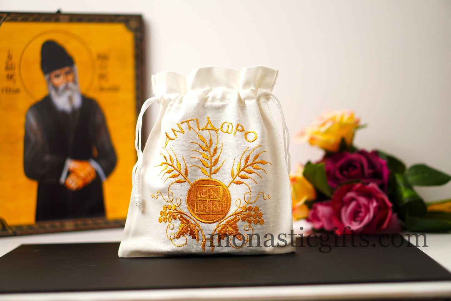 Embroidered Cotton Cloth Pouch for Prosphora, bread pouch , decorated with orthodox ICXC Embroideries. Orthodox CommunionAntidoron.