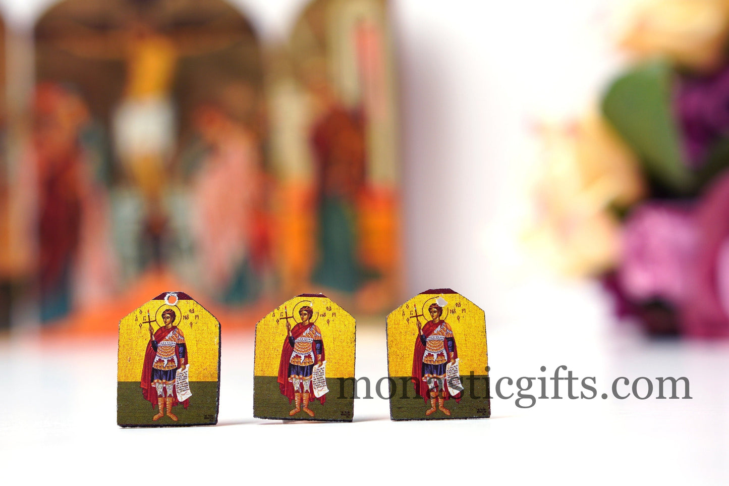 Tiny icon Saint Phanourios (Fanourios) 3pcs - Wood Byzantine Christian Tiny Orthodox Icon amazing idea to make orthodox Christians gifts