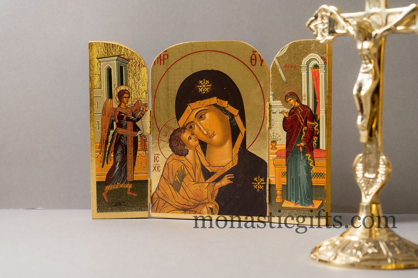 Triptych wooden Icon with Virgin Mary , Greek Orthodox Byzantine Icon.