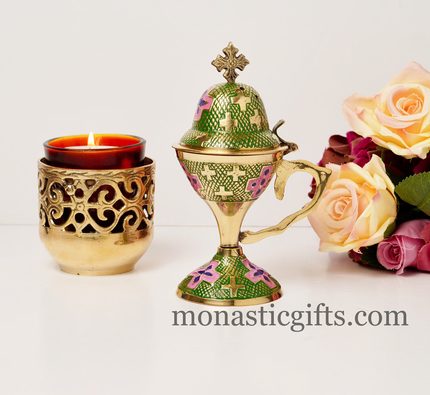 Incense Burner made from Brass with Green and Red enamel coating, Original Big and Heavy (250gr) Handmade - With free Gifts
