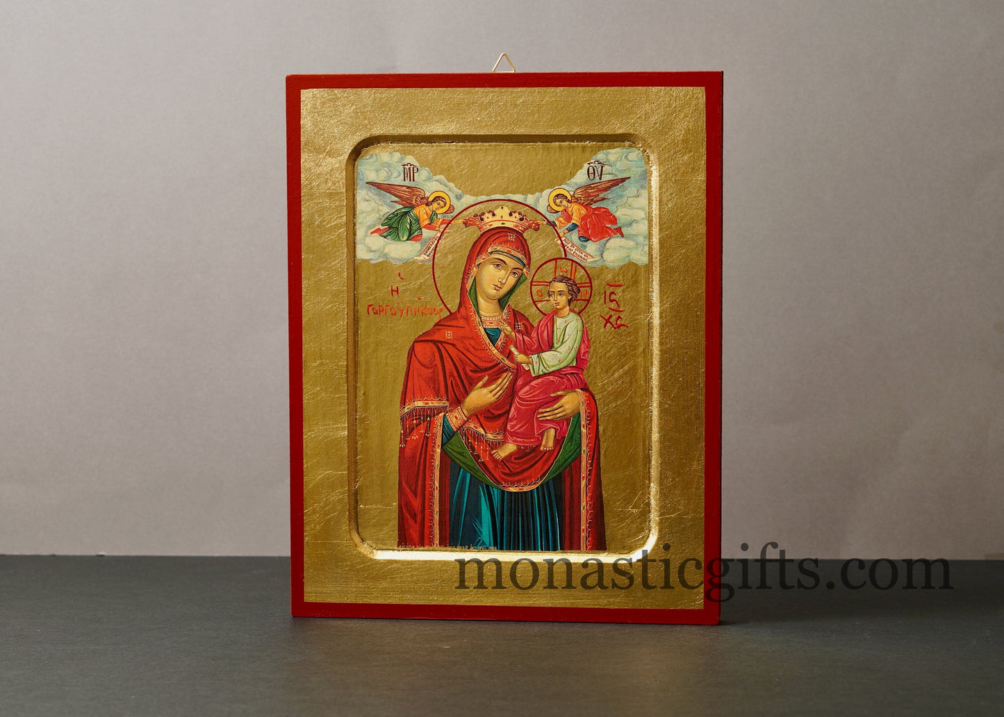 Virgin Mary Gorgoipikoos , Icon in GOLD leaf Based on Byzantine Art wall hanging icon on carved wood