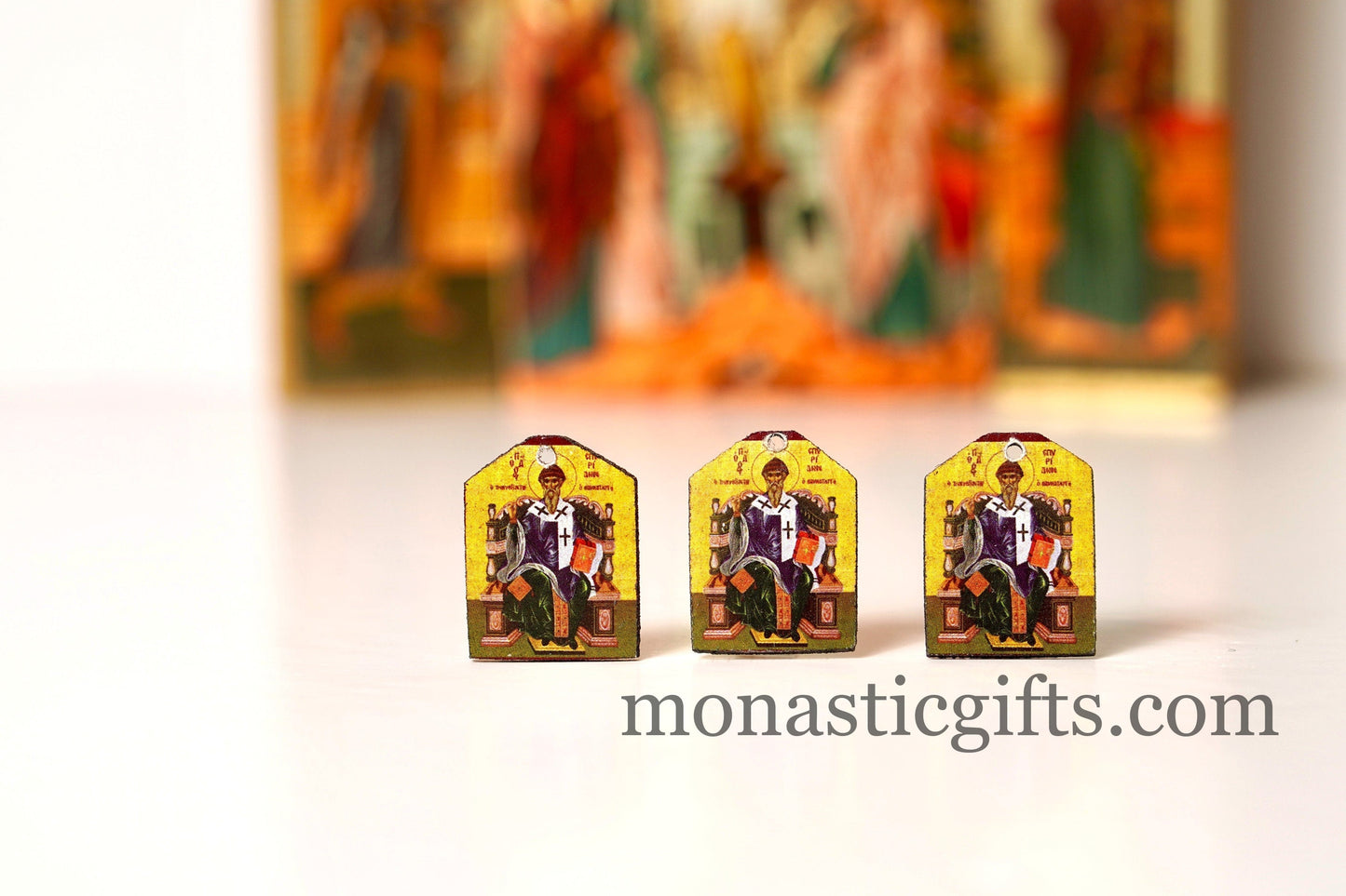 Tiny icon Saint Spyridon in Throne, Σπυρίδον , 3pcs - Wood Byzantine Christian Tiny Orthodox Icon amazing idea to make orthodox gifts