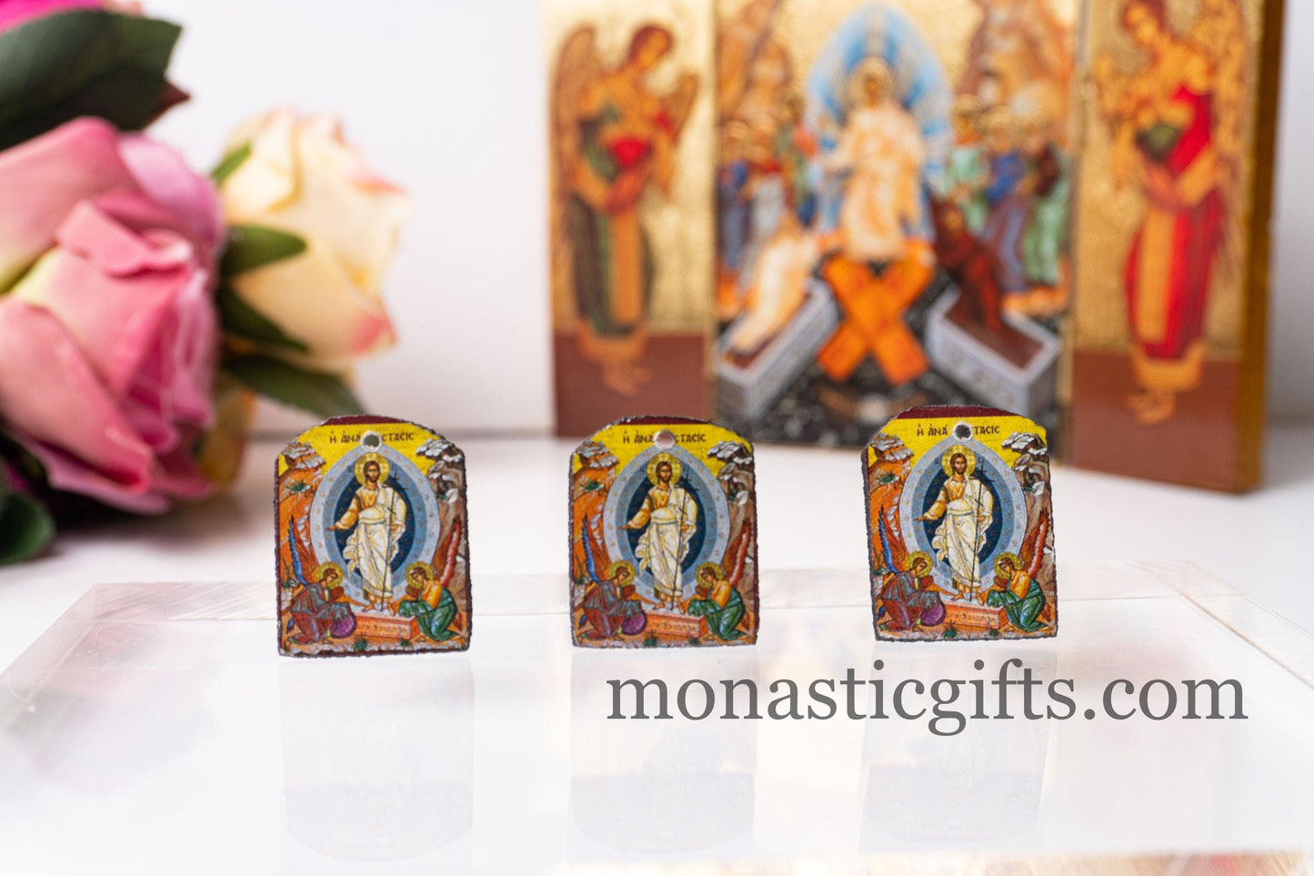 Tiny icon with the Resurrection of Jesus Christ 3pcs - Wood Byzantine Christian Tiny Icon amazing idea to make orthodox Christians gifts