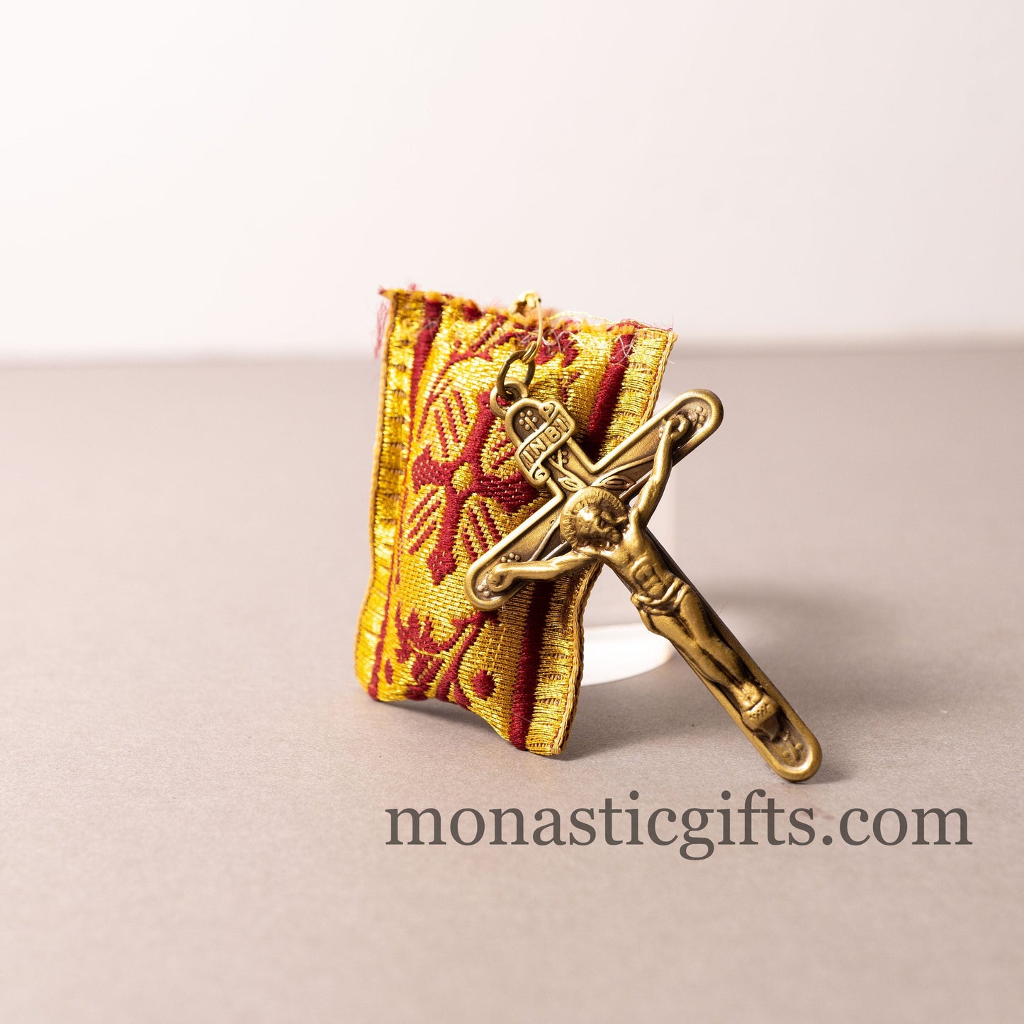 Amulet (Large) Rectangular pendant with crucifixion and crimson cross embroidery and gold thread - Filakto, Filaxto Orthodox lucky charm