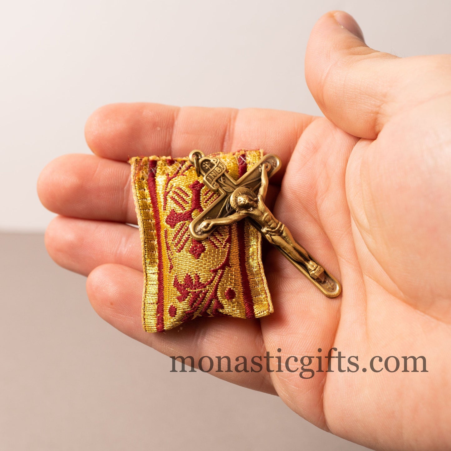 Amulet (Large) Rectangular pendant with crucifixion and crimson cross embroidery and gold thread - Filakto, Filaxto Orthodox lucky charm