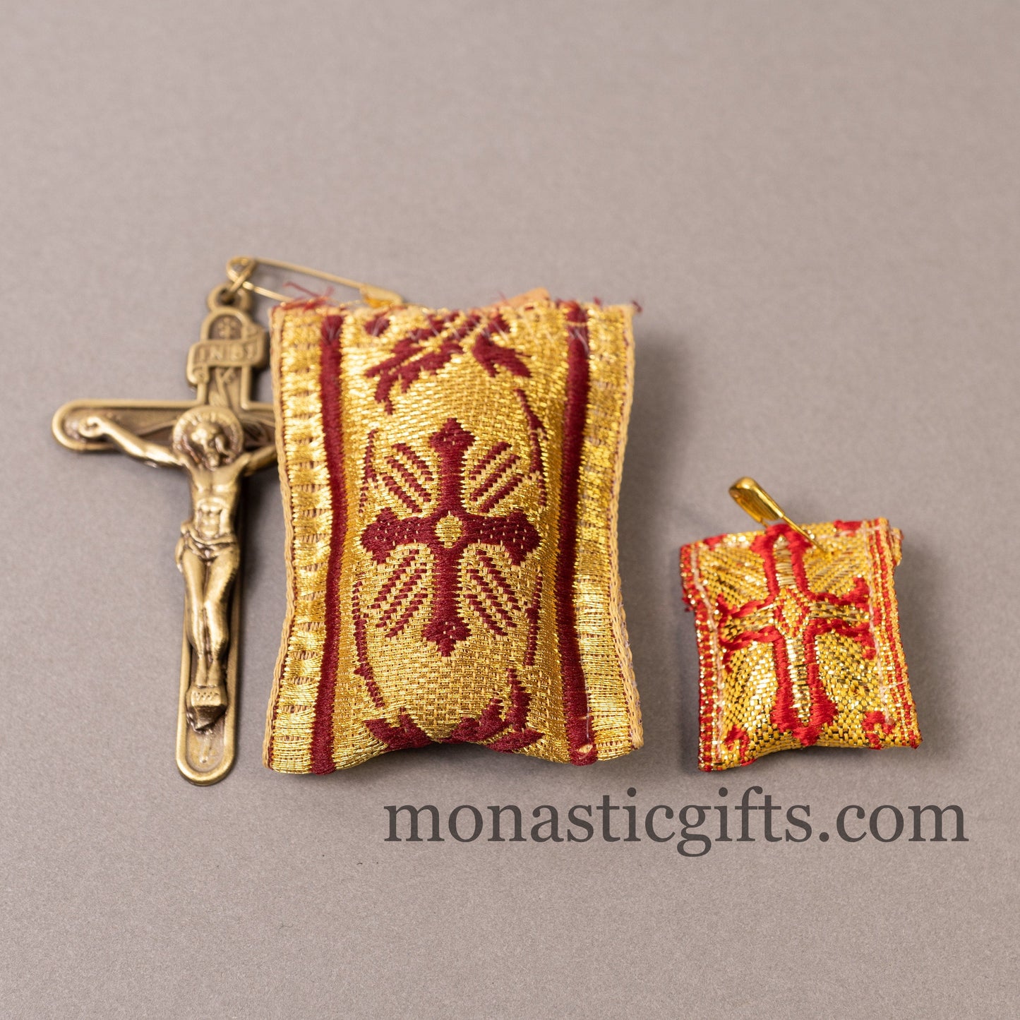 Amulet (Large) Rectangular pendant with crucifixion and crimson cross embroidery and gold thread - Filakto, Filaxto Orthodox lucky charm