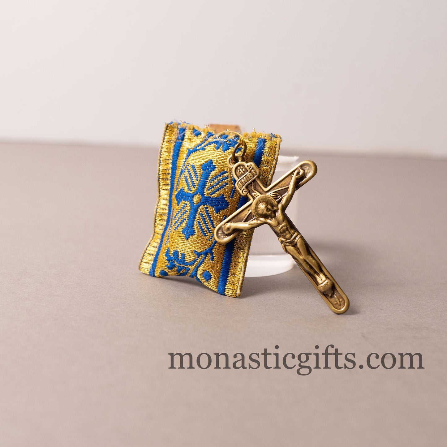 Amulet (Large) Rectangular pendant with crucifixion and Blue cross embroidery and gold thread - Filakto, Filaxto Orthodox lucky charm