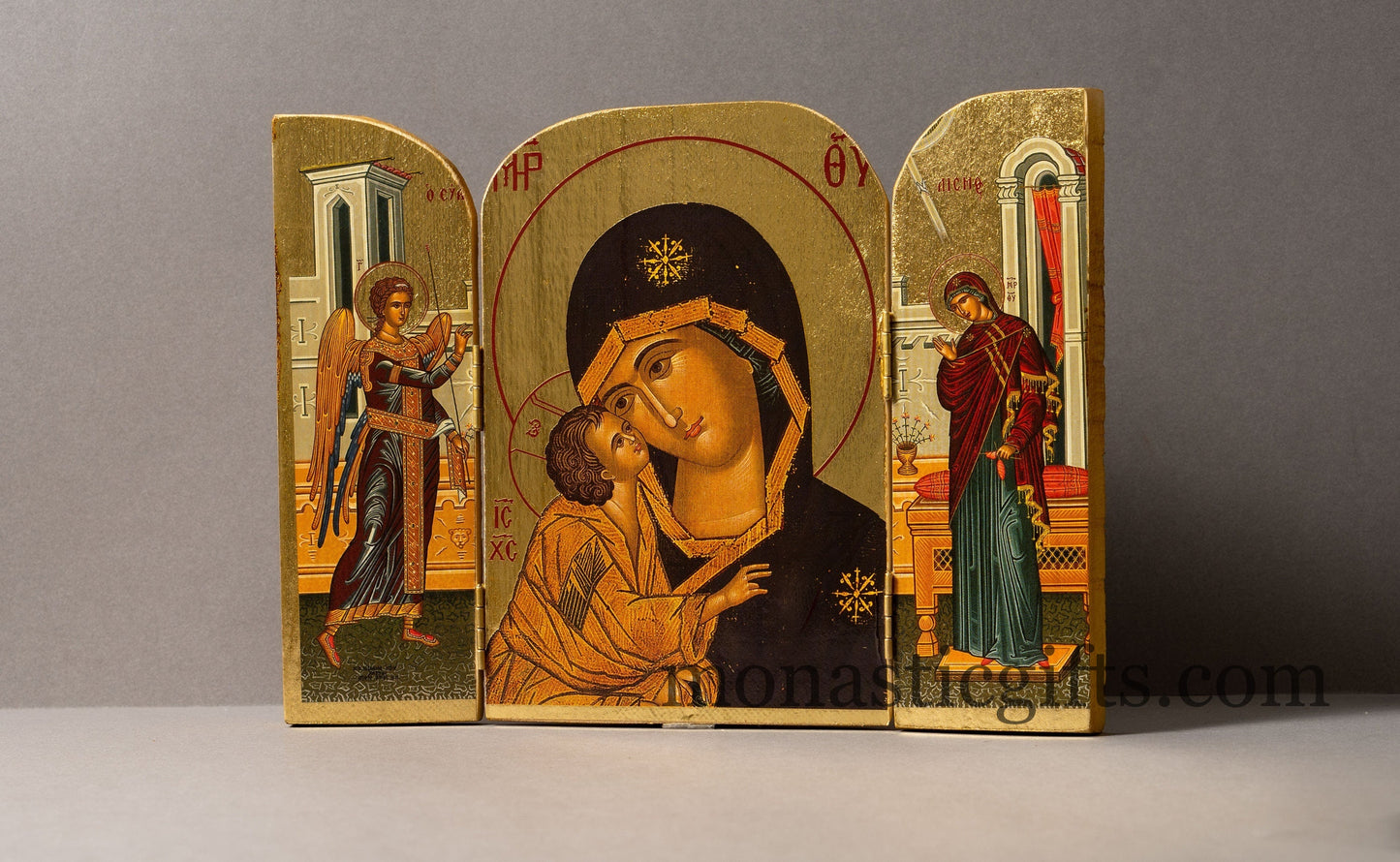 Triptych wooden Icon with Virgin Mary , Greek Orthodox Byzantine Icon.