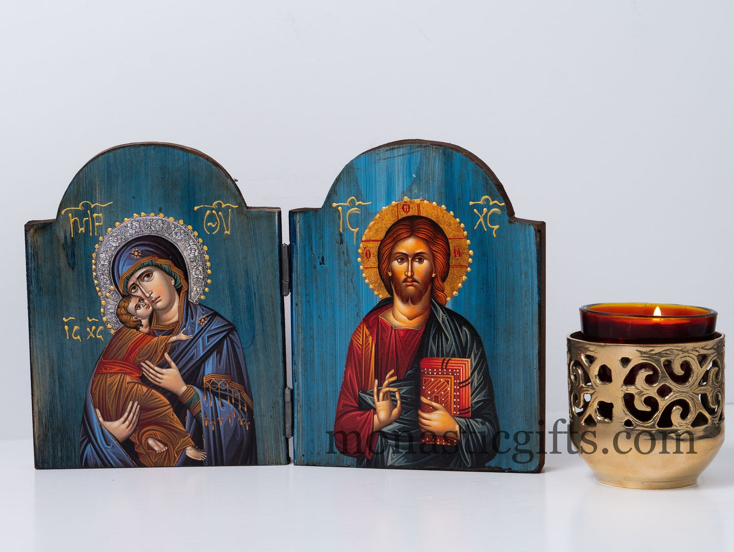 Diptych Handmade wooden Icon with Virgin Mary and the Jesus Christ in painted Blue backround , Greek Orthodox Icon , Home Decor.