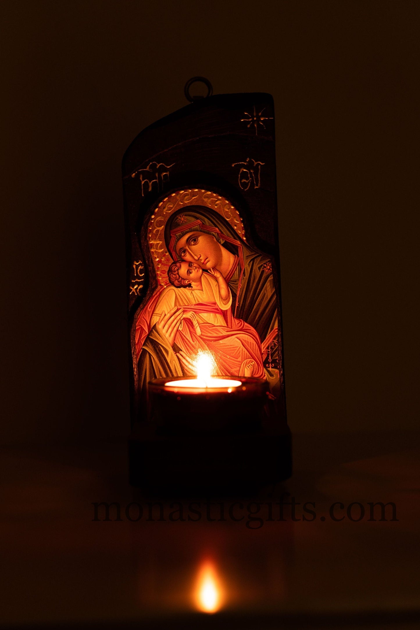 Iconostasis (Oil candle ) with Virgin Mary, Handmade Orthodox shrine with Theotokos,Byzantine altar wall hanging wood plaque.
