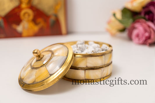 Round brass box with mother of pearl (Sea shell) - Jewelry,incense,wicks box a perfect Christian Gift 72gr