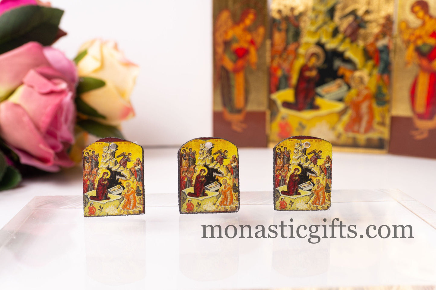 Tiny icon with the Birth of Christ 3pcs - Wood Byzantine Christian Tiny Orthodox Icon amazing idea to make orthodox Christians gifts