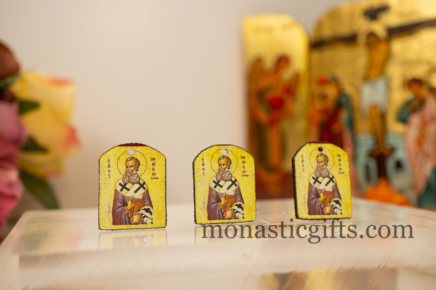 Tiny icon with Saint Athanasius (Αθανασιος) 3pcs Byzantine Christian Tiny Orthodox Icon amazing idea to make orthodox Christians gifts