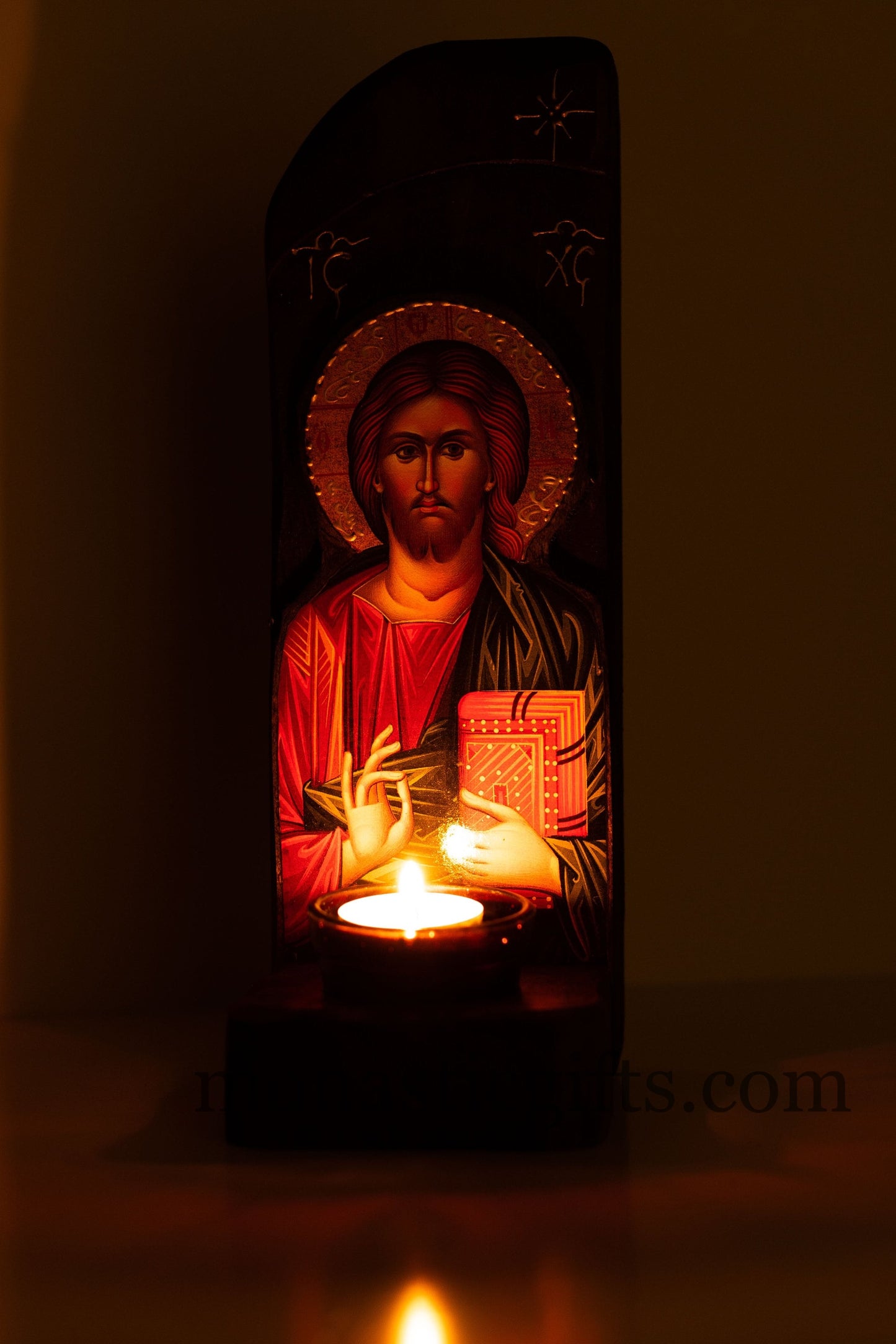 Iconostasis (Oil candle ) with Jesus Christ, Handmade Orthodox shrine with Theotokos,Byzantine altar wall hanging wood plaque.