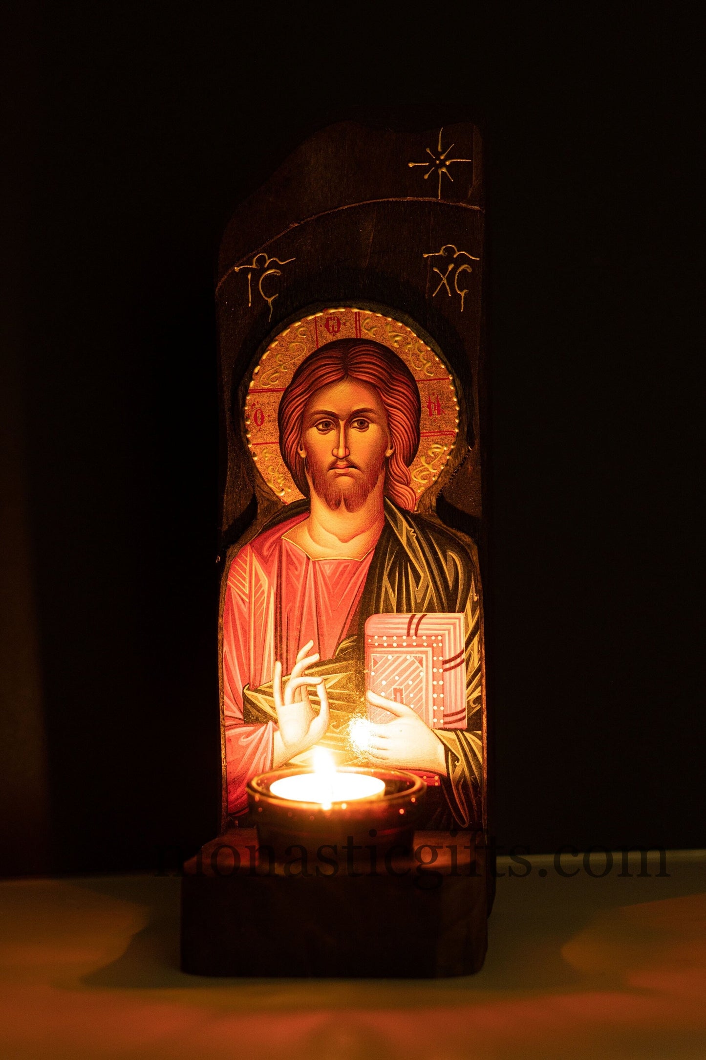 Iconostasis (Oil candle ) with Jesus Christ, Handmade Orthodox shrine with Theotokos,Byzantine altar wall hanging wood plaque.