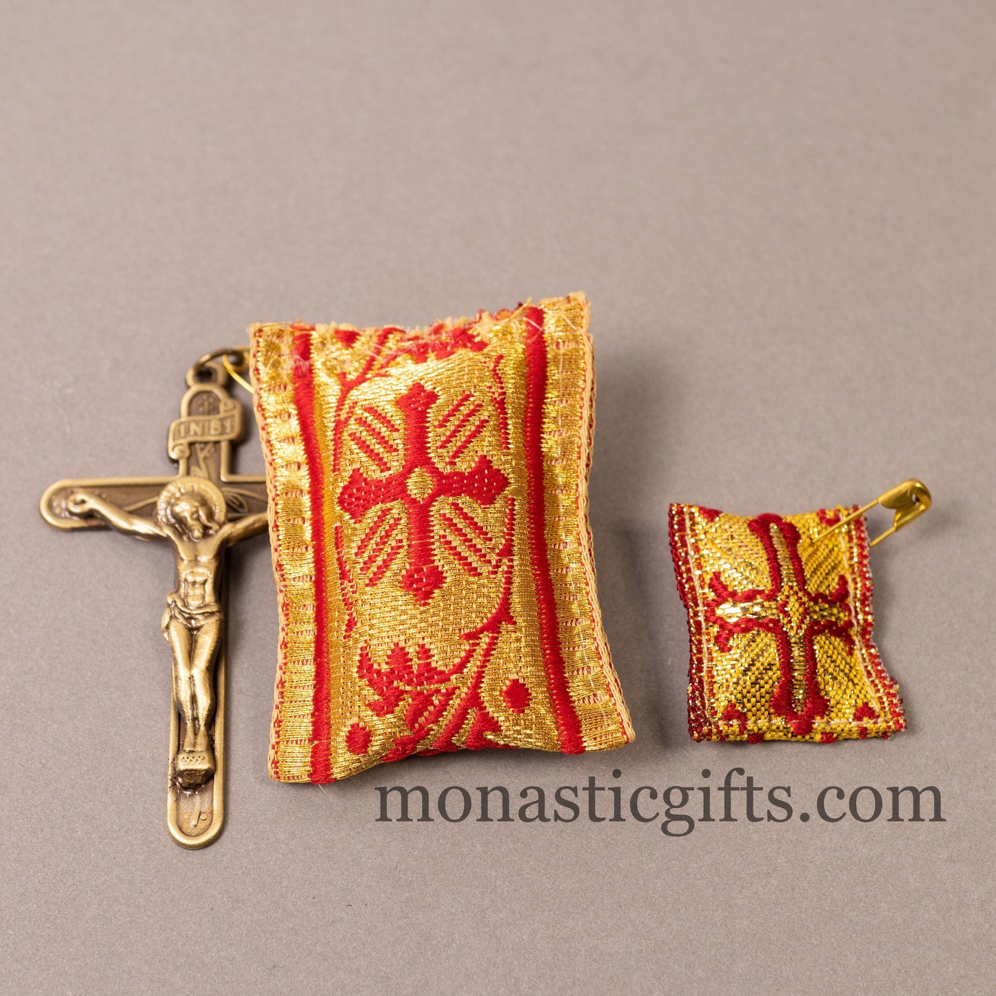 Amulet (Large) Rectangular pendant with crucifixion and Red cross embroidery and gold thread - Filakto, Filaxto Orthodox lucky charm