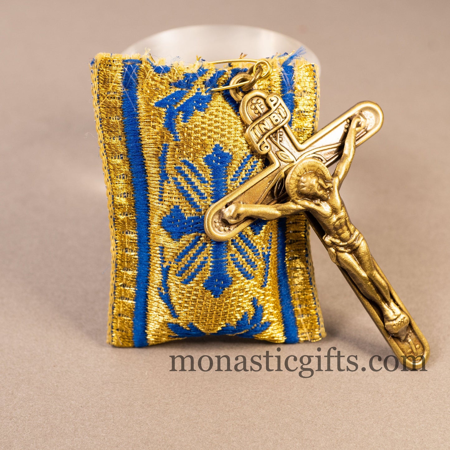 Amulet (Large) Rectangular pendant with crucifixion and Blue cross embroidery and gold thread - Filakto, Filaxto Orthodox lucky charm