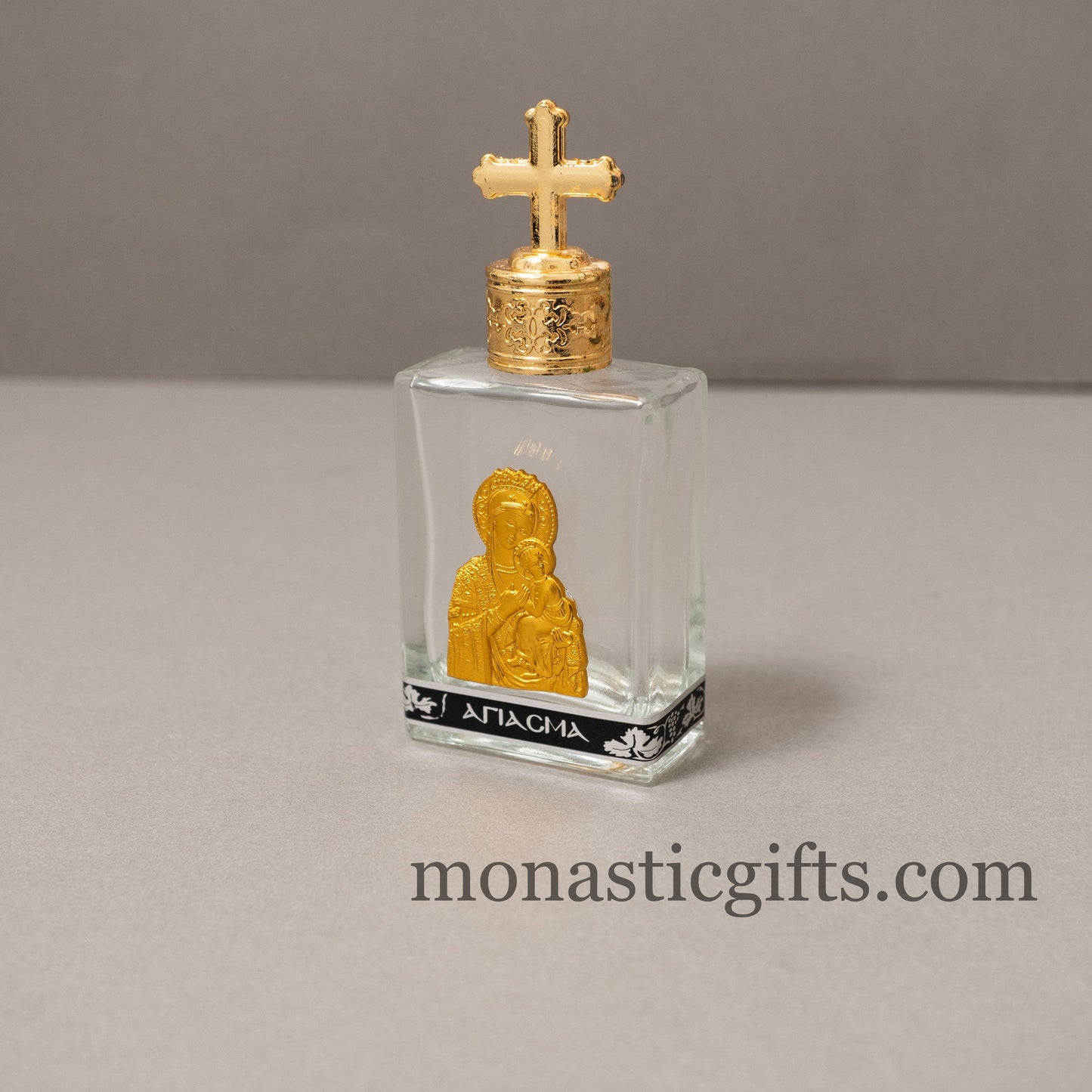 Holy Water Glass Bottle With metal colored Gold Theotokos Icon and screw cap with cross Orthodox Gift