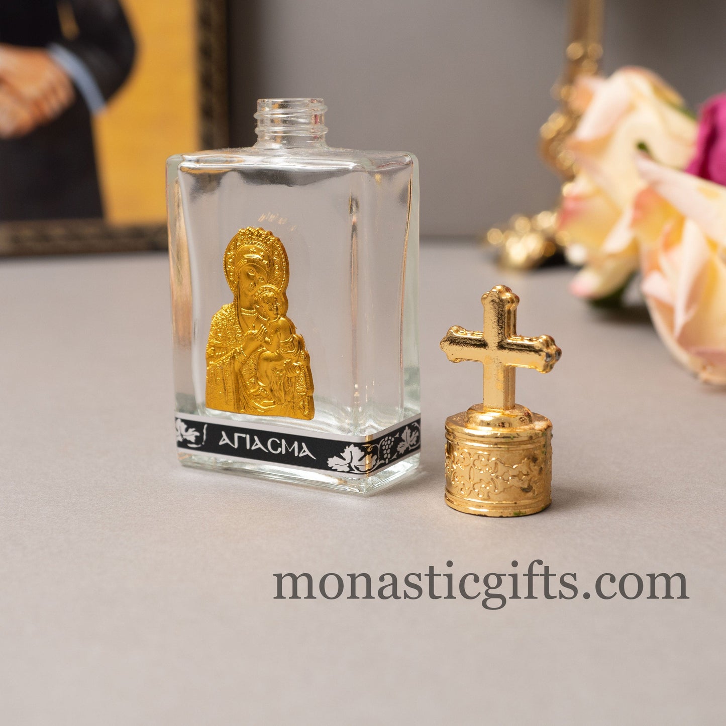 Holy Water Glass Bottle With metal colored Gold Theotokos Icon and screw cap with cross Orthodox Gift