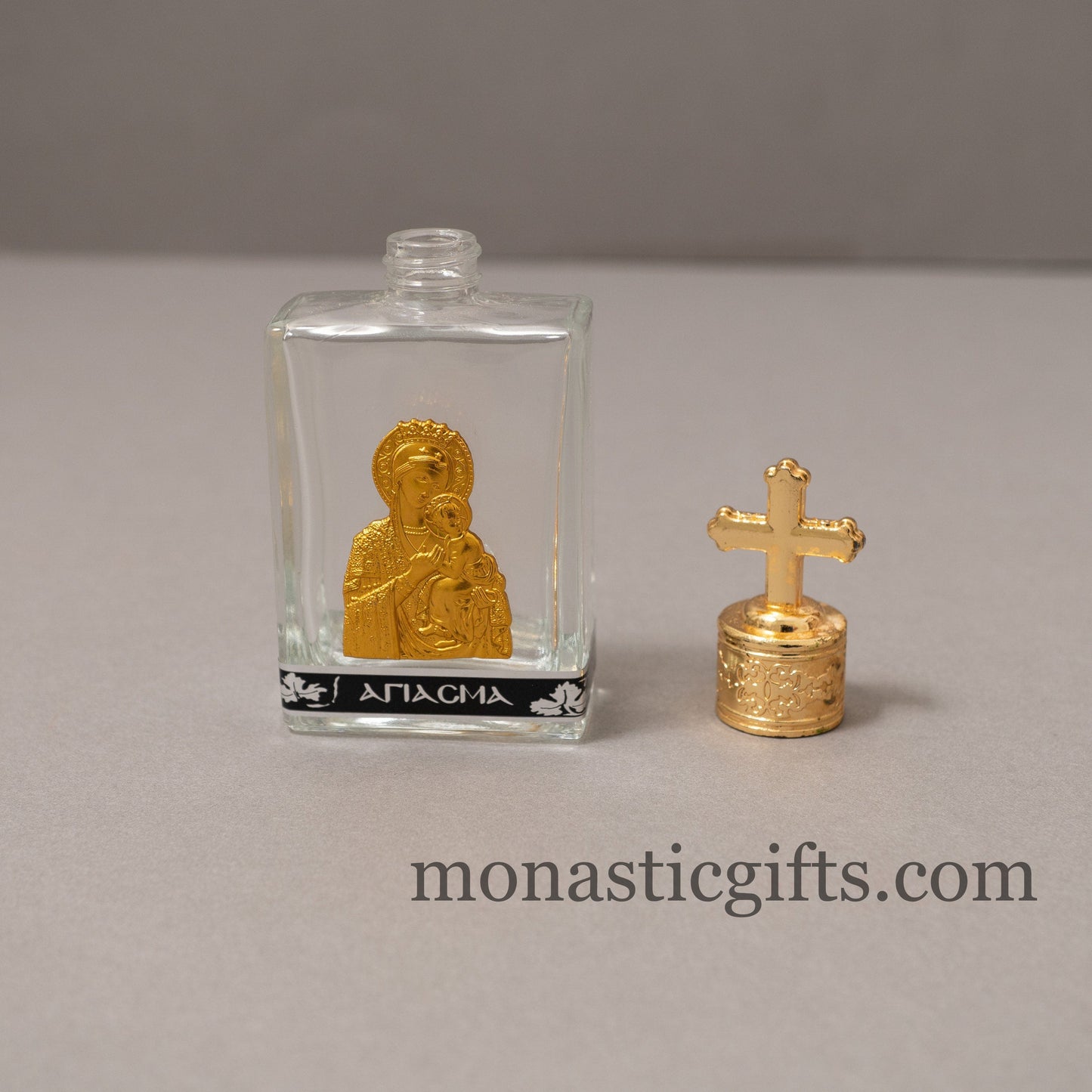 Holy Water Glass Bottle With metal colored Gold Theotokos Icon and screw cap with cross Orthodox Gift