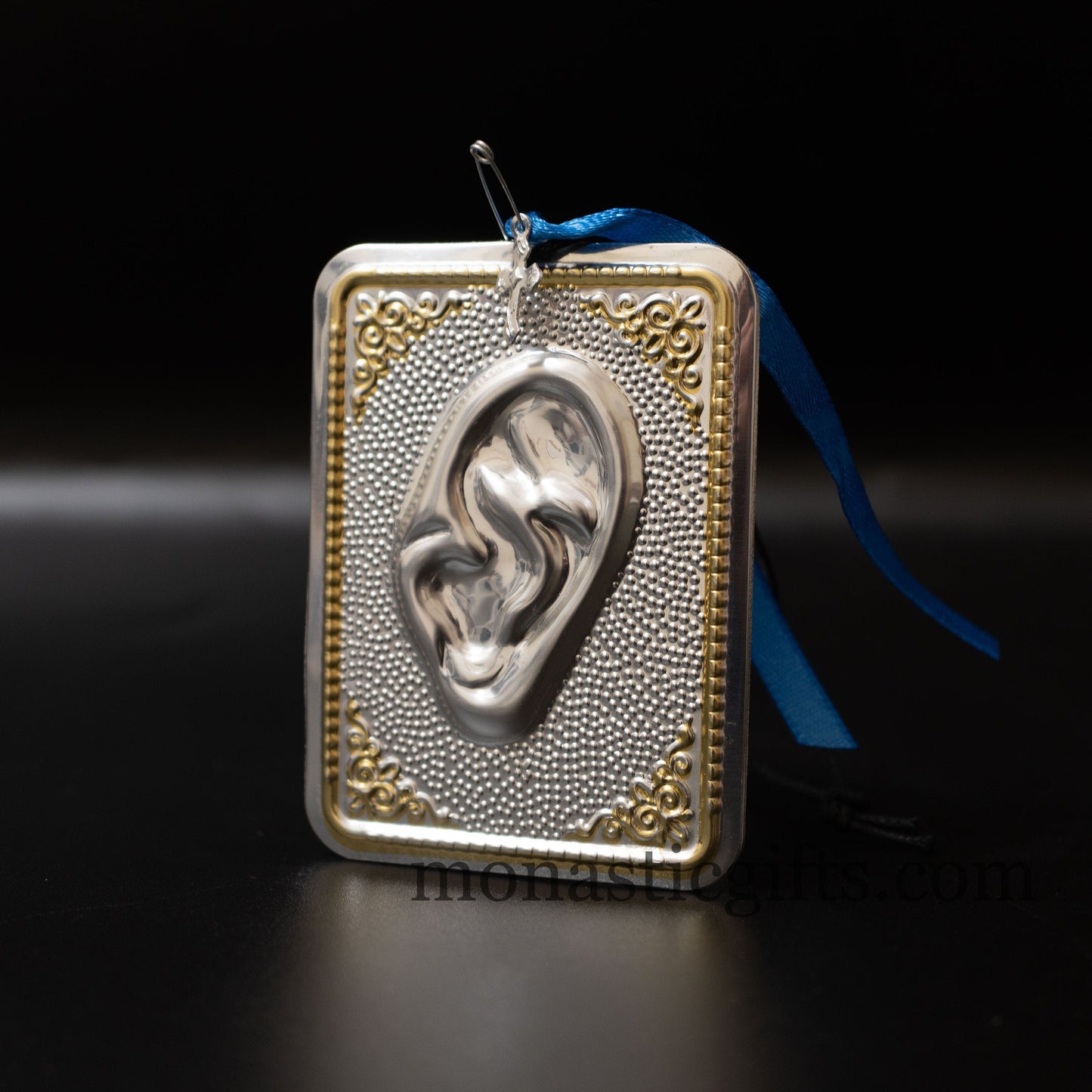 Tama votive offering ear votive colored Gold and silver, Byzantine Greek Eastern Orthodox Promise Icon, Ex Voto