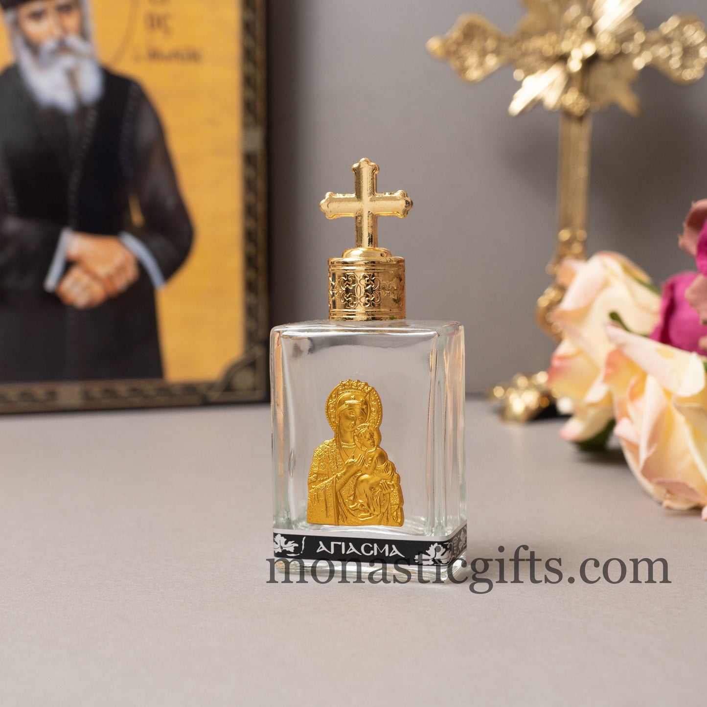 Holy Water Glass Bottle With metal colored Gold Theotokos Icon and screw cap with cross Orthodox Gift