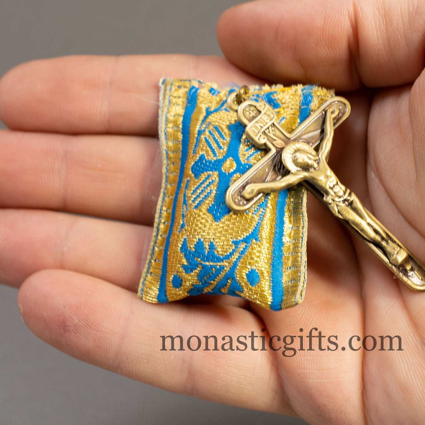 Amulet (Large) Rectangular pendant with crucifixion and Light Blue cross embroidery and gold thread - Filakto, Filaxto Orthodox lucky charm